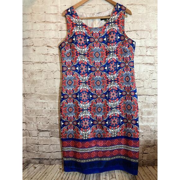 DN Design Midi Dress Womens 16 Pink & Cobalt Medallion Print Sheath Plus Lined - Picture 1 of 14